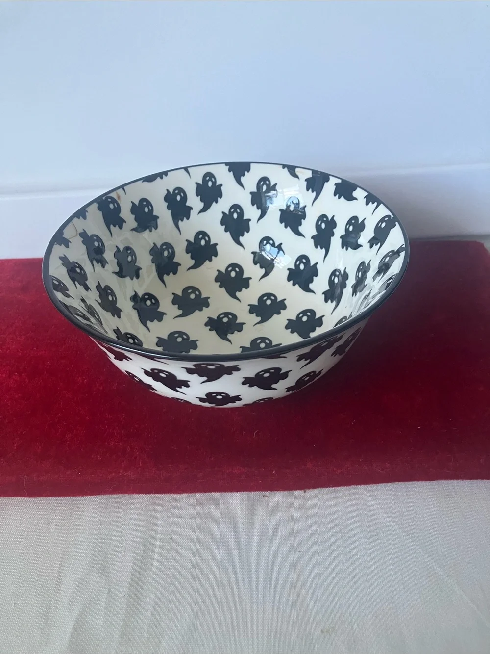 Coco Lola Halloween Ghost Ceramic Bowl Black White Spooky Fall Decor 6.25”.